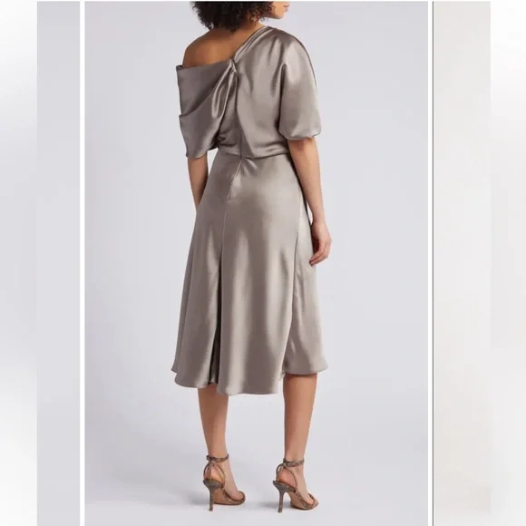 Amsale NWOT One Shoulder Fluid Cocktail Midi Dress Mocha